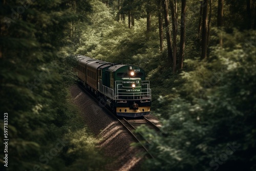 Train moves through thick woods on railway. Generative AI
