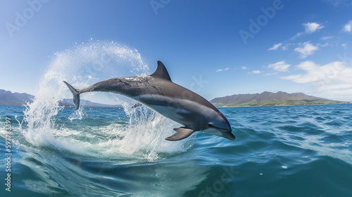 Dolphins jumping out of sea with clear blue water on sunny day  generative ai