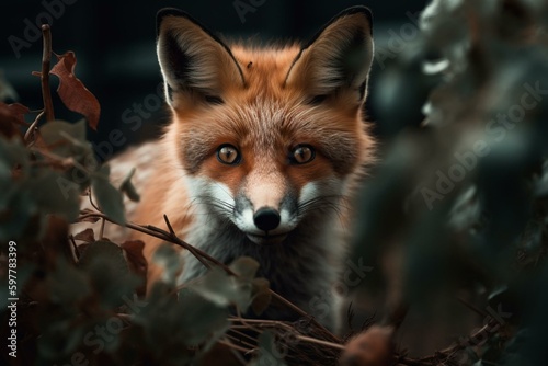 Curious fox cub with mischievous look peers from behind bush. Generative AI