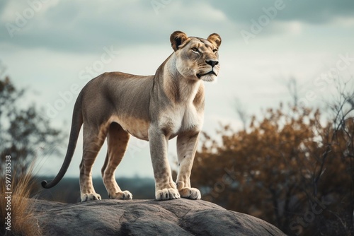 Majestic lioness standing on wild terrain in nature. Generative AI