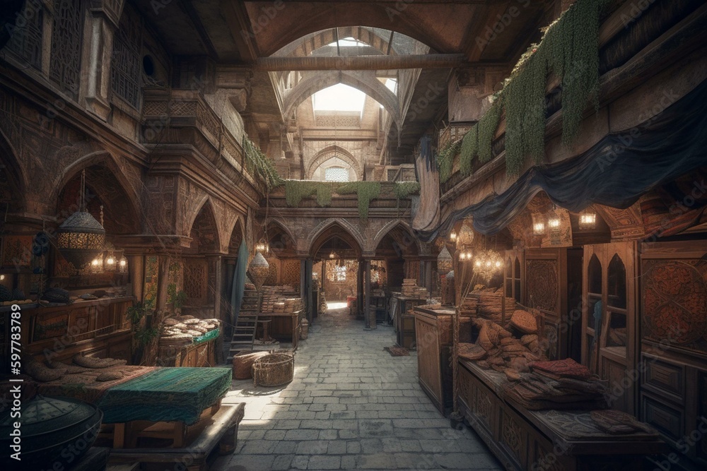 Old sandstone warehouse in Middle Eastern bazaar with fabric roofs, wooden stakes, and a fantasy concept digital art painting. Generative AI