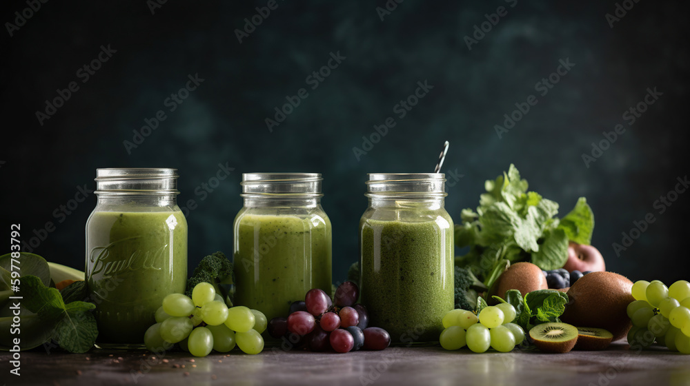 Glass jar mugs with green health smoothie, kale leaves, lime, apple, kiwi, grapes, banana, avocado, lettuce. Alkaline food concept. Generative ai Glass jar mugs with green health smoothie, kale leaves, lime, apple, kiwi, grapes, banana, avocado, lettuce. Alkaline food concept. Generative ai