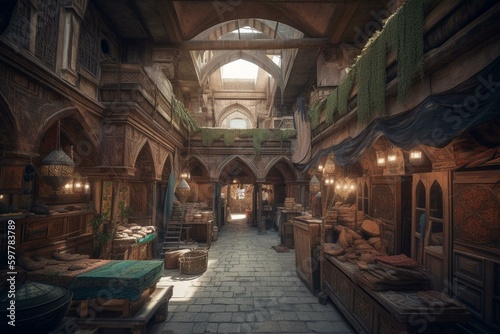 Old sandstone warehouse in Middle Eastern bazaar with fabric roofs  wooden stakes  and a fantasy concept digital art painting. Generative AI