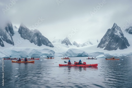 Winter kayaking in Antarctica on a boat trip to the mountains. Generative AI