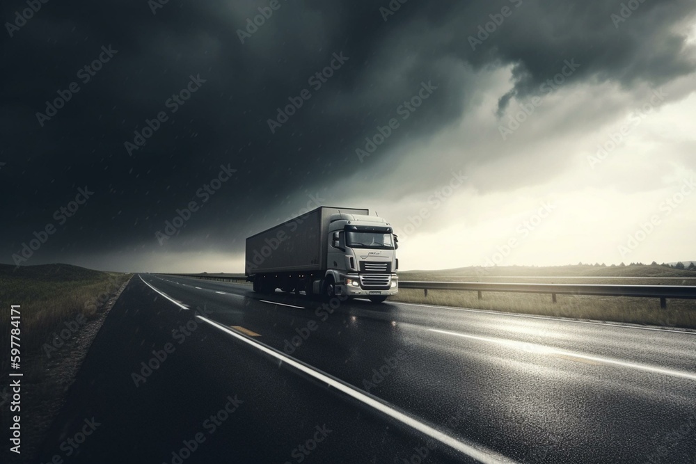 Fast truck carries goods on road with sunlight and cloudy sky in gloomy atmosphere. Generative AI