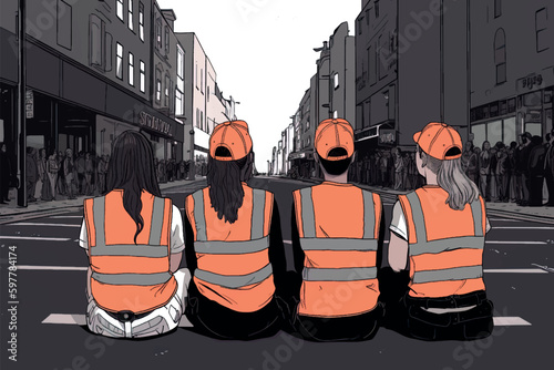 Four young people of the "Last Generation" or Extinction Rebellion are sitting on a busy street. Vector graphic.