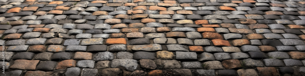 Cobblestones, panoramic banner with old historic cobbled street, AI generative panorama Cobblestones, panoramic banner with old historic cobbled street, AI generative panorama