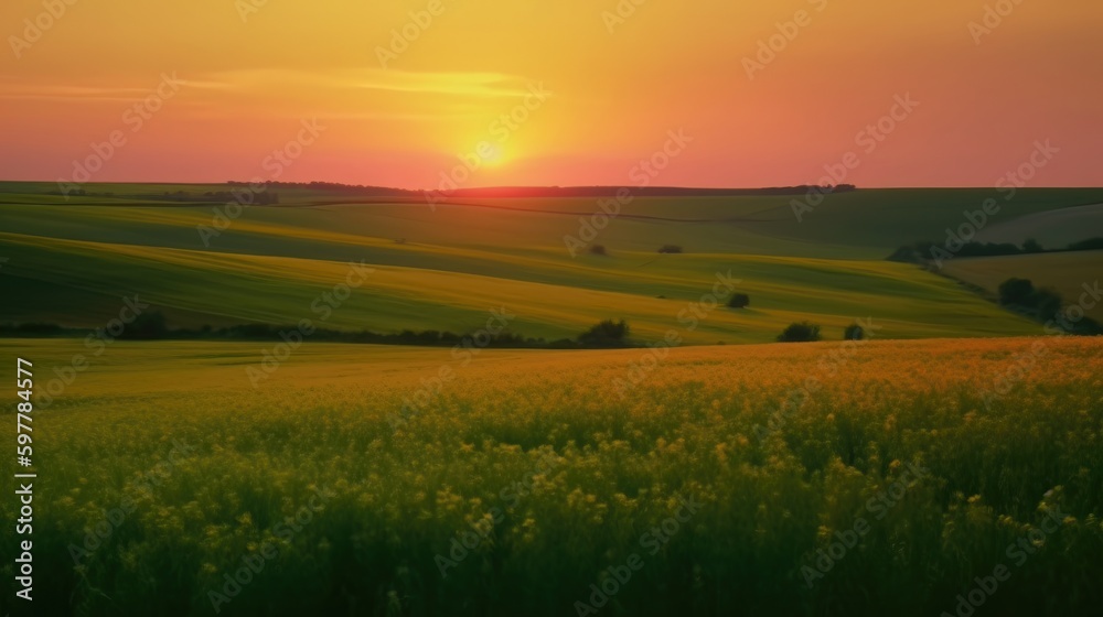 Beautiful local farm with sunset in the countryside field. Generative AI