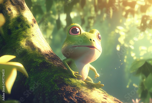 Abstract Cartoon Frog In Magical Outdoor Nature Background Generative AI photo