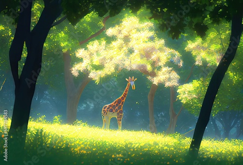 Abstract Cartoon Giraffe In Enchanted Forest Backdrop Generative AI