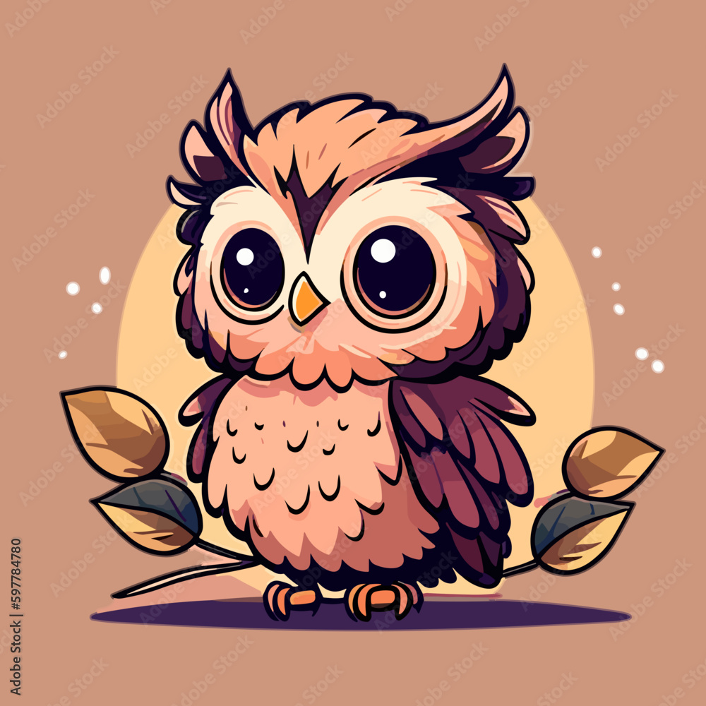 Cute Little Owl Owlet in a Fairy Forest. Flat Cartoon Vector Illustration for Children