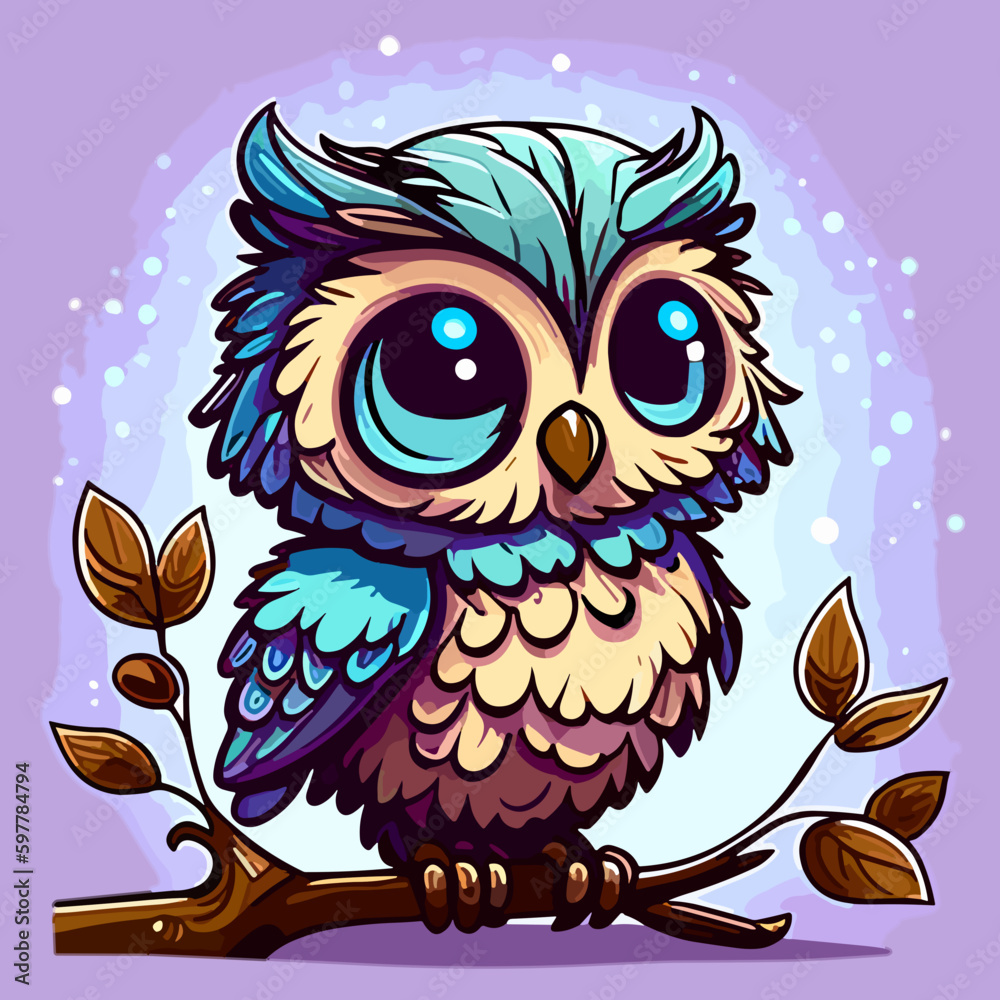 Obraz premium Cute Little Owl Owlet in a Fairy Forest. Flat Cartoon Vector Illustration for Children
