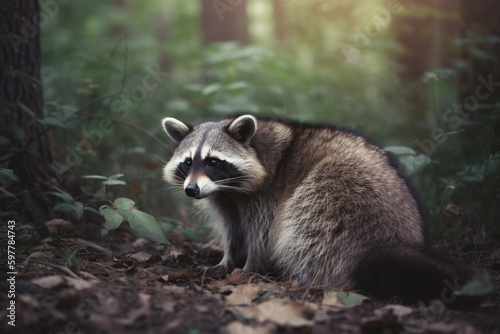 Beautiful raccoon in nature. Created using Generative AI technology.