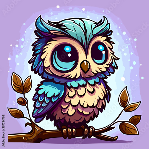 Cute Little Owl Owlet in a Fairy Forest. Flat Cartoon Vector Illustration for Children