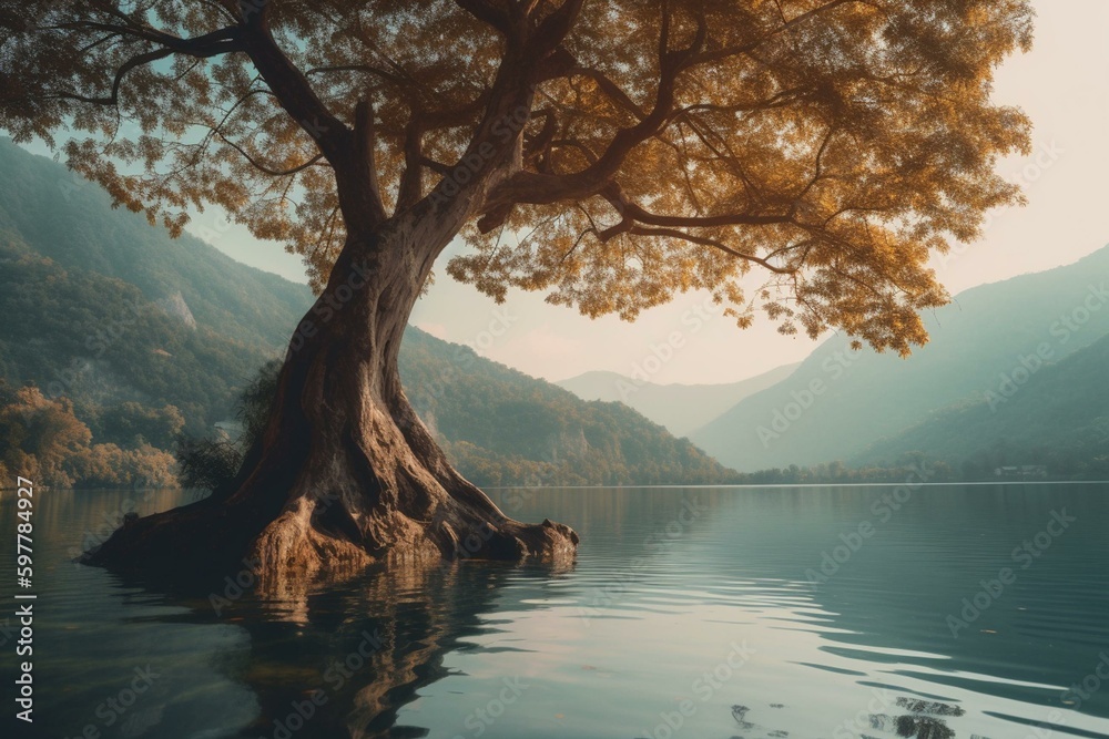 A picturesque lake and majestic tree. Generative AI