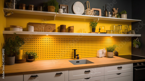 Interior of stylish kitchen with white counters, peg boards and yellow wall, generative ai photo