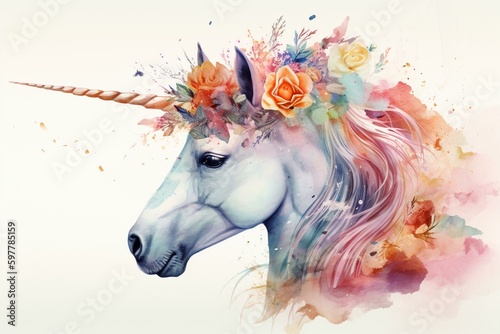 Whimsical unicorn watercolor illustration with floral and feather elements perfect for invitations. Generative AI © Gareth