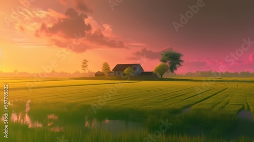 Beautiful local farm with sunset in the countryside field. Generative AI © Natee Meepian