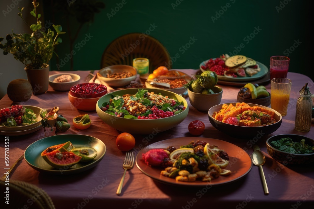 A table spread with a variety of healthy plant-based dishes.

