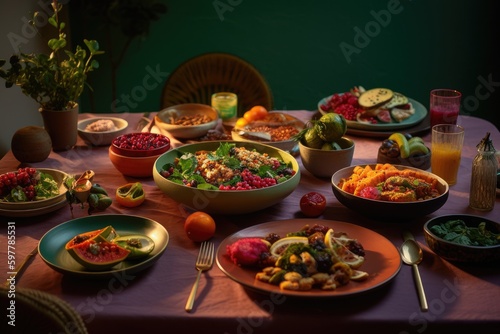 A table spread with a variety of healthy plant-based dishes. 