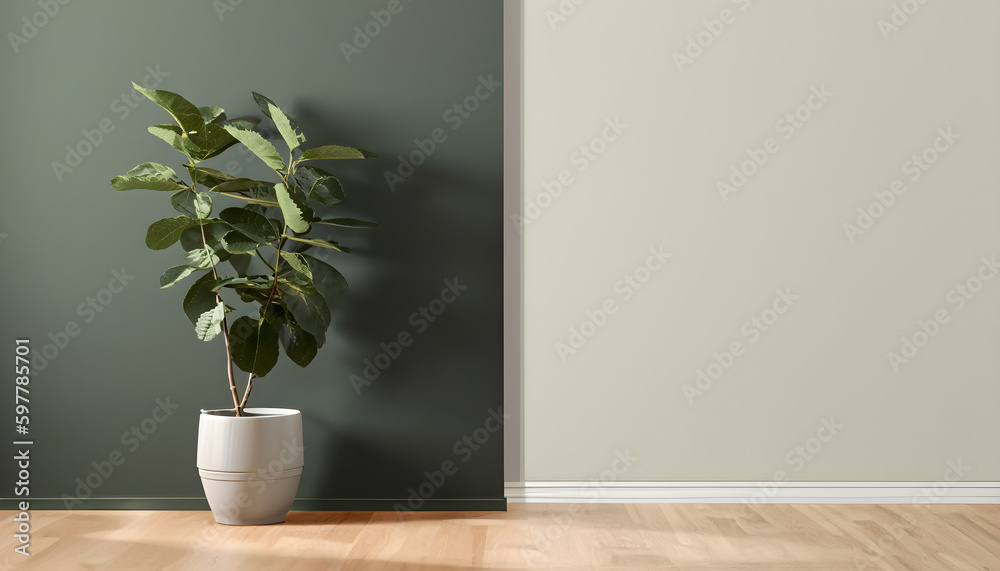 design of a room, blank sage green wall with tropical fiddle leaf fig tree in gray round ceramic pot on brown parquet floor in sunlight for interior design, decoration, Clean, Ai Generate 