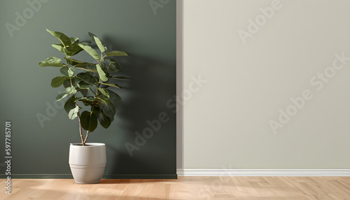 Fototapeta Naklejka Na Ścianę i Meble -  design of a room, blank sage green wall with tropical fiddle leaf fig tree in gray round ceramic pot on brown parquet floor in sunlight for interior design, decoration, Clean, Ai Generate 