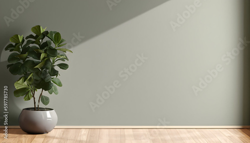 room with plant, blank sage green wall with tropical fiddle leaf fig tree in gray round ceramic pot on brown parquet floor in sunlight for interior design