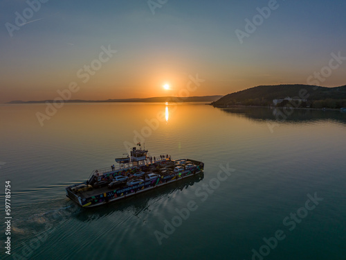 Hungary - Ferry between Szántód and Tihany on Lake Balaton at sunset time from drone view © SAndor