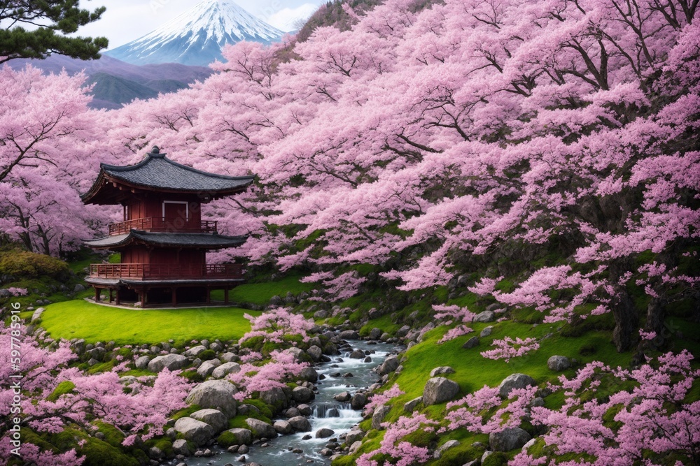 Sakura blossoms in japanese style ornamental garden, beautiful landscape. Generative AI. Sakura blossoms in japanese style ornamental garden, beautiful landscape. Generative AI.