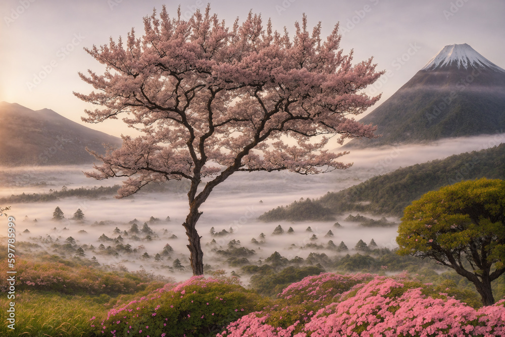 Sakura blossoms in japanese style ornamental garden, beautiful landscape. Generative AI.