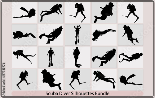 Scuba diving silhouette vector illustration isolated on white background,Black silhouette scuba divers. Vector illustration,Scuba diving silhouette,Scuba diving silhouette vector illustration isolated