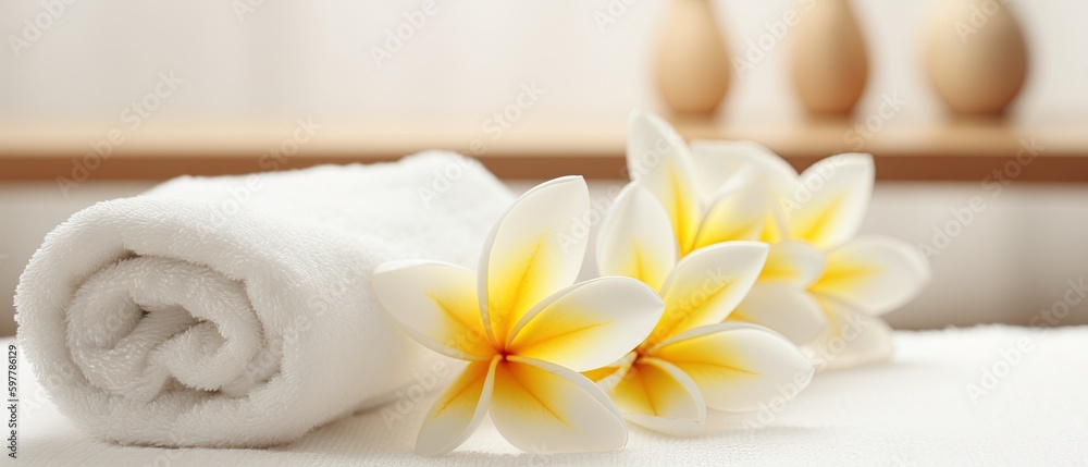spa composition  with White Towels, plumeria frangipani flower ,Generative AI	
