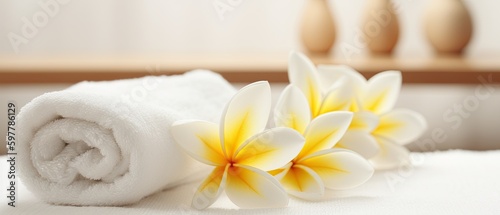 spa composition with White Towels, plumeria frangipani flower ,Generative AI 
