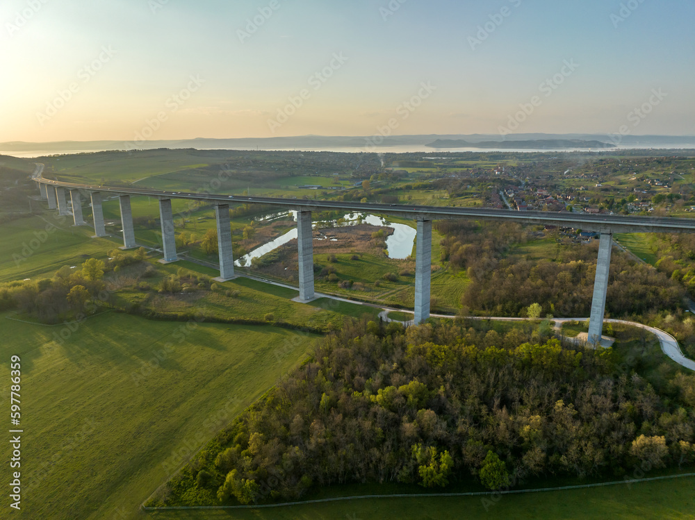 Hungary - Aerial view of Koroshegy Viaduct in Balaton at sunset time with amazing colors