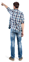 Back view of young men in shirt and jeans.