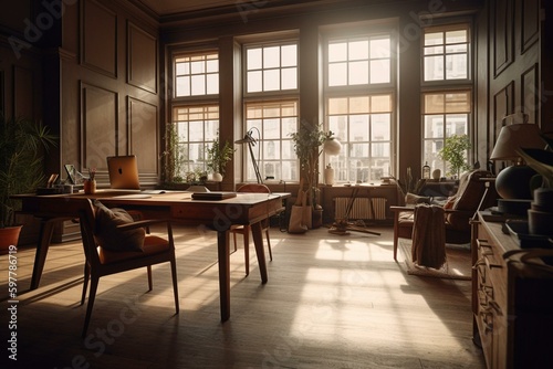 Warm office with wood design & large windows. Generative AI © Esperanza