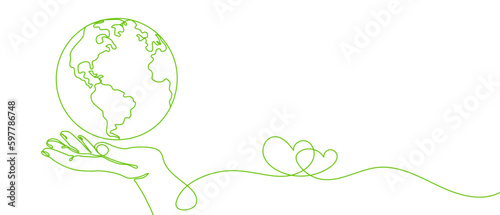 Happy earth day banner by green continuous single line drawing hands embracing the planet isolated on white background in concept of environment, ecology, eco friendly symbol. Vector illustration