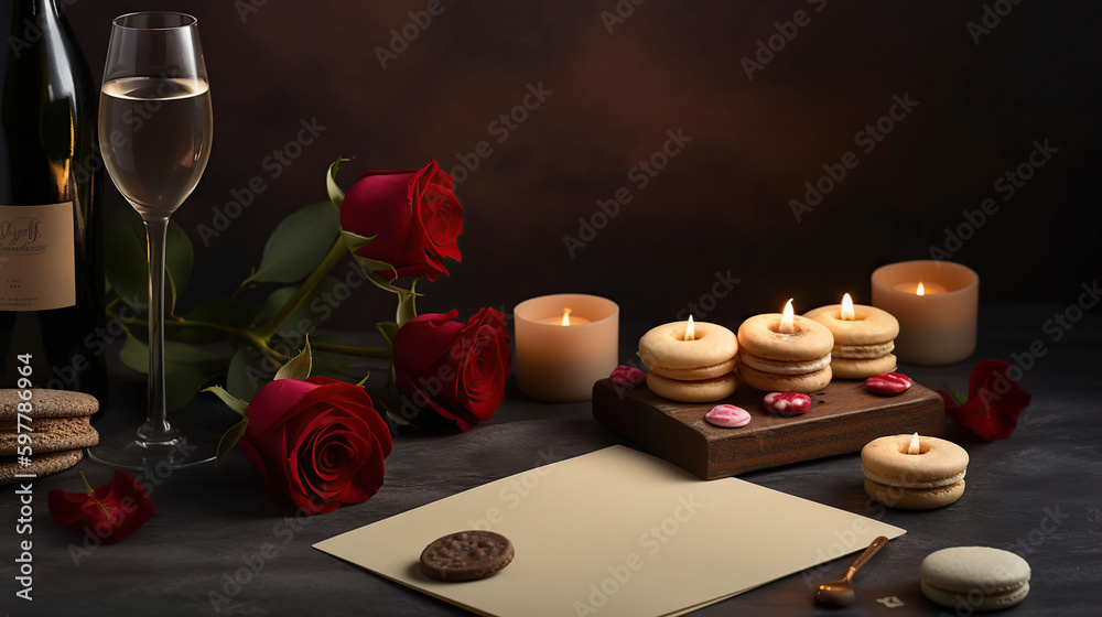 Blank letter, rose, bottle of wine, cookies, candles and gift on black background, generative ai