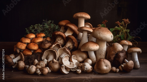 Variety of uncooked wild forest mushrooms yellow boletus, birch mushrooms, russules over dark textured background. Rustic style, natural day light. Generative ai