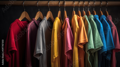 Choice of fashion clothes of different colors on hangers, generative ai