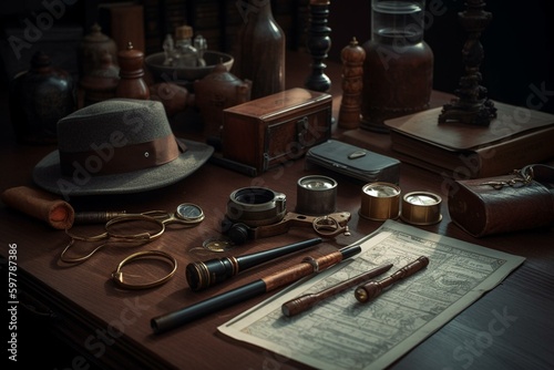 Sherlock Holmes inspired detective kit on wooden surface. Generative AI