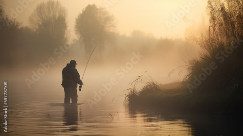 Fisherman with rod, spinning reel on the river bank. Sunrise. Fog against the backdrop of lake. background Misty morning. wild nature. The concept of a rural getaway, generative ai