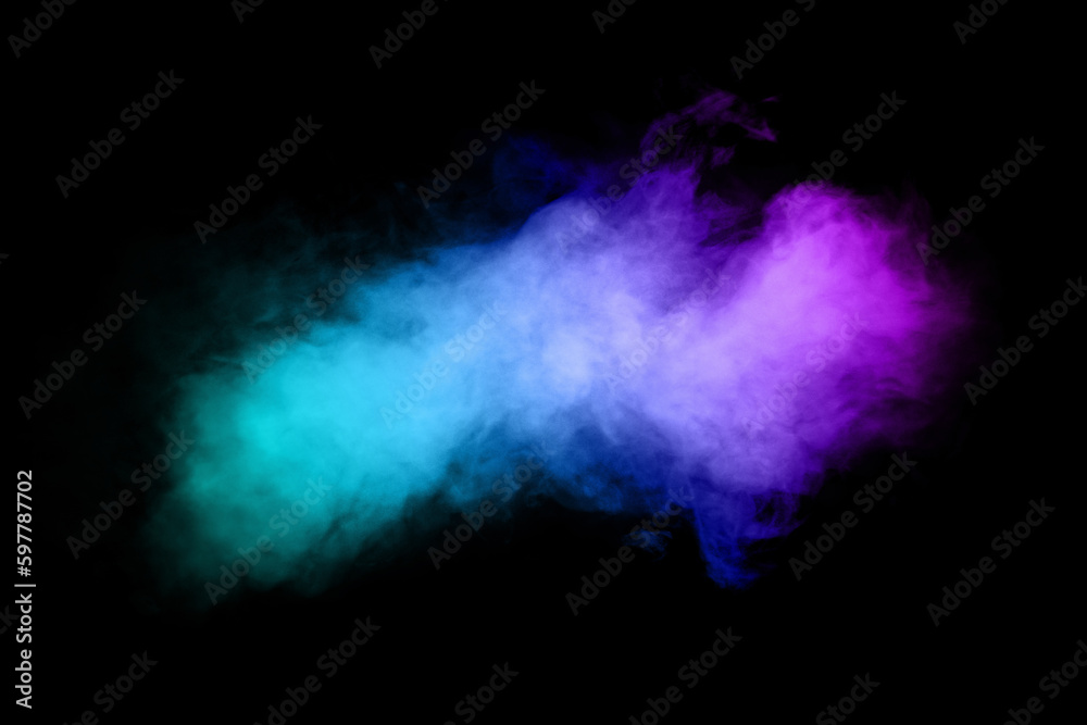 Beautiful horizontal column of smoke in the neon bright light of blue pink and orange on a black background exhaled out of the vape. Nice pattern for printing and backdrop of colored waves. Beautiful horizontal column of smoke in the neon bright light of blue pink and orange on a black background exhaled out of the vape. Nice pattern for printing and backdrop of colored waves.