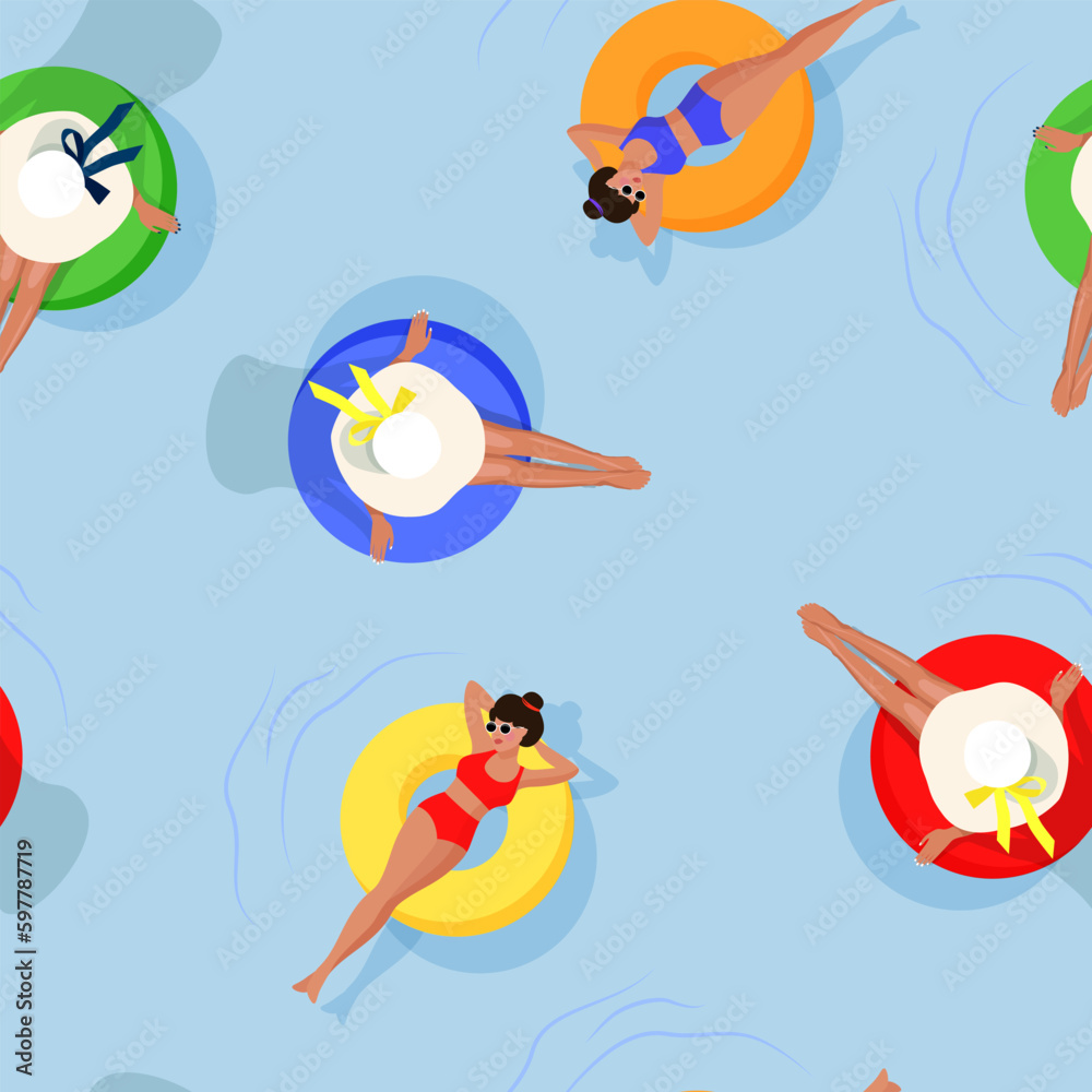 Girls swim in the sea. Girls in bright floats are swimming. Vector seamless pattern.