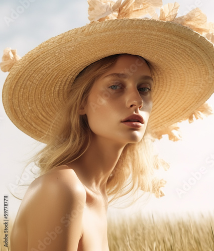 Beautiful young fresh woman wearing straw summer hat. AI generated image. 