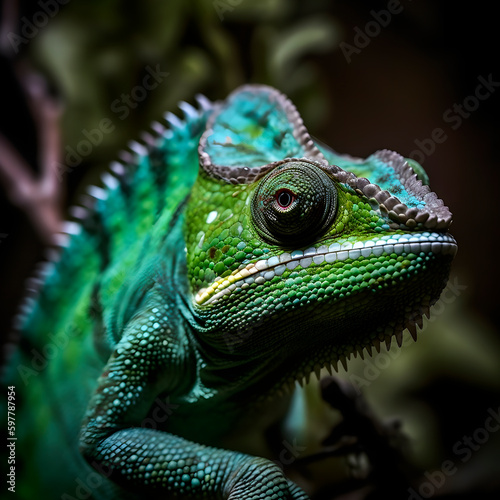 Chameleons of Madagascar: young Malagasy giant chameleon, Furcifer oustaleti, bright green colored chameleon endemic created with Generative AI technology. © Vahram