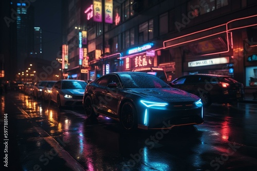 A modern metropolis illuminated with neon lights and featuring sleek electric automobiles. Generative AI