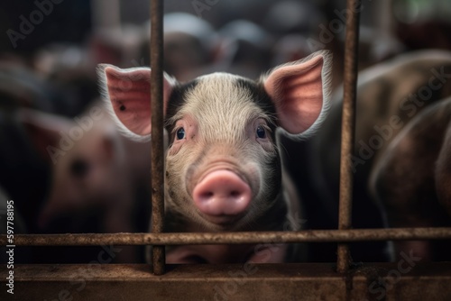 A piglet peeking out from a crowded pen in a factory farm  photo