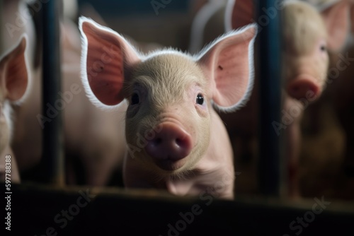 Fotografia A piglet peeking out from a crowded pen in a factory farm