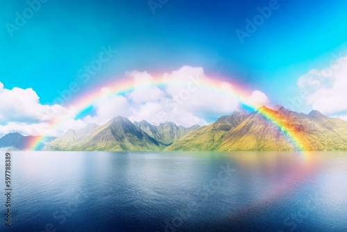 Illustration of rainbow over lake  mountains  white cloud  and blue sky. Landscape background wallpaper. Generative AI